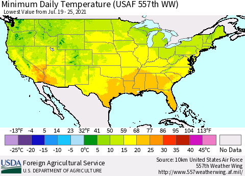 United States Minimum Daily Temperature (USAF 557th WW) Thematic Map For 7/19/2021 - 7/25/2021