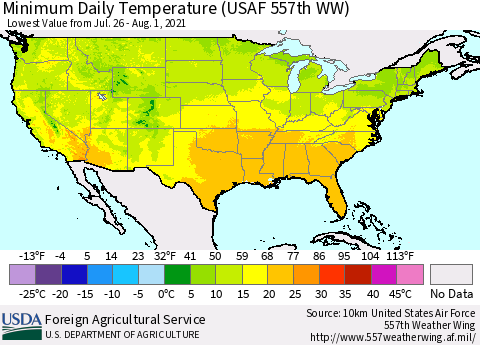 United States Extreme Minimum Temperature (USAF 557th WW) Thematic Map For 7/26/2021 - 8/1/2021