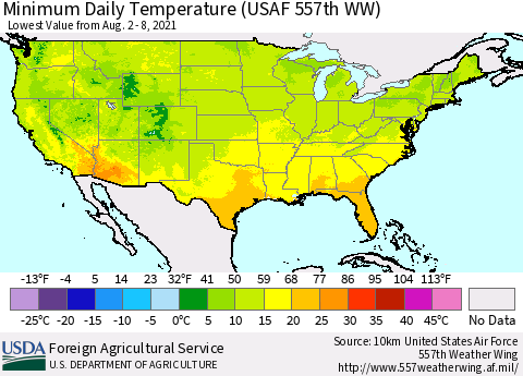 United States Minimum Daily Temperature (USAF 557th WW) Thematic Map For 8/2/2021 - 8/8/2021