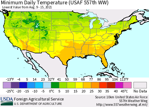 United States Extreme Minimum Temperature (USAF 557th WW) Thematic Map For 8/9/2021 - 8/15/2021