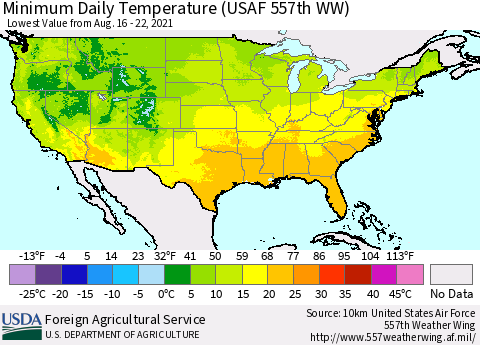 United States Minimum Daily Temperature (USAF 557th WW) Thematic Map For 8/16/2021 - 8/22/2021