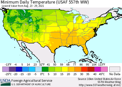 United States Extreme Minimum Temperature (USAF 557th WW) Thematic Map For 8/23/2021 - 8/29/2021