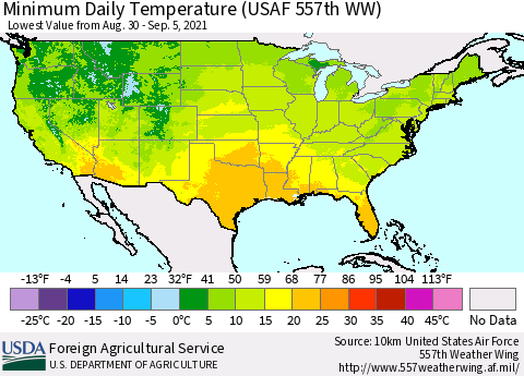United States Extreme Minimum Temperature (USAF 557th WW) Thematic Map For 8/30/2021 - 9/5/2021