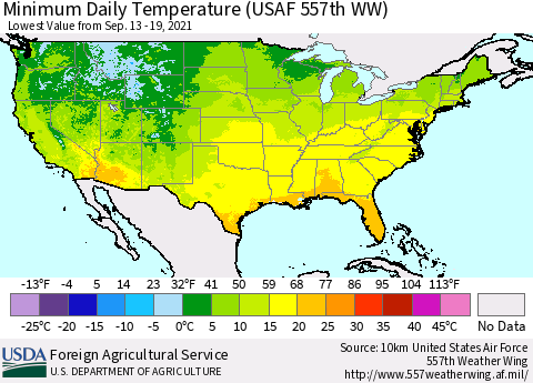 United States Extreme Minimum Temperature (USAF 557th WW) Thematic Map For 9/13/2021 - 9/19/2021