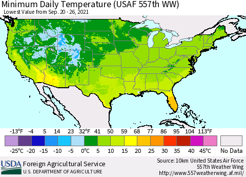United States Minimum Daily Temperature (USAF 557th WW) Thematic Map For 9/20/2021 - 9/26/2021