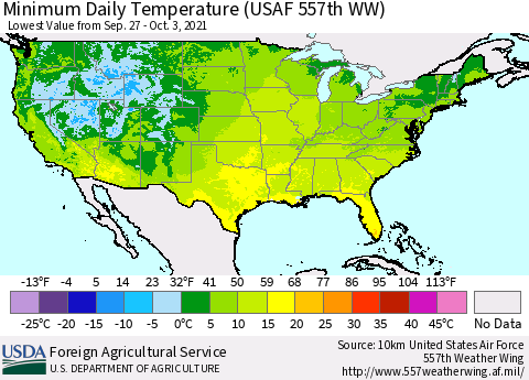 United States Minimum Daily Temperature (USAF 557th WW) Thematic Map For 9/27/2021 - 10/3/2021