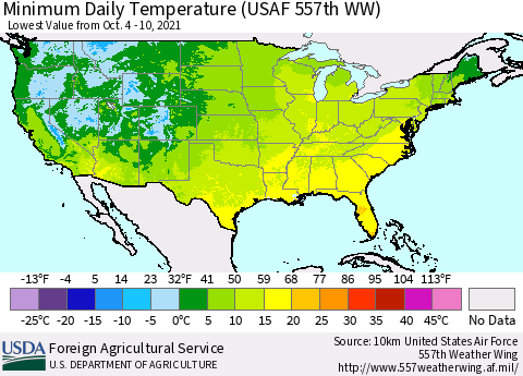 United States Minimum Daily Temperature (USAF 557th WW) Thematic Map For 10/4/2021 - 10/10/2021