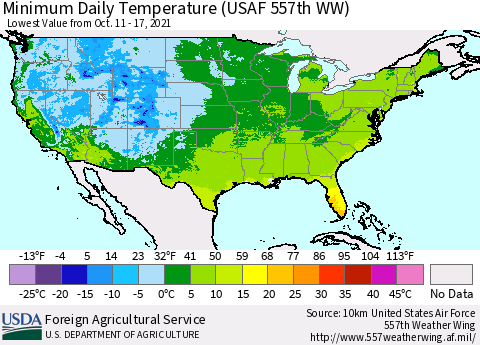 United States Minimum Daily Temperature (USAF 557th WW) Thematic Map For 10/11/2021 - 10/17/2021