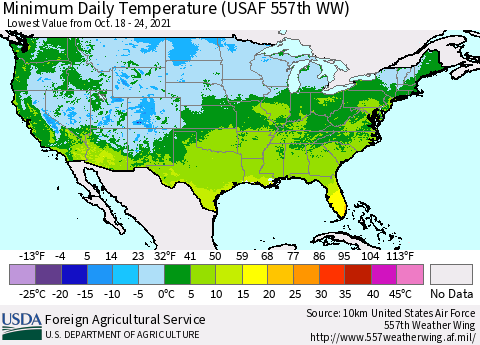 United States Minimum Daily Temperature (USAF 557th WW) Thematic Map For 10/18/2021 - 10/24/2021