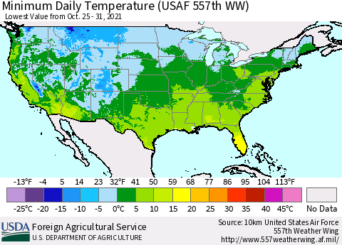 United States Extreme Minimum Temperature (USAF 557th WW) Thematic Map For 10/25/2021 - 10/31/2021