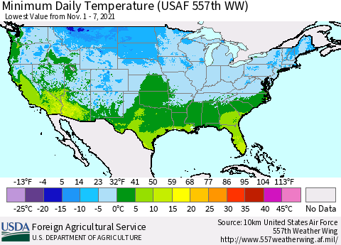 United States Extreme Minimum Temperature (USAF 557th WW) Thematic Map For 11/1/2021 - 11/7/2021