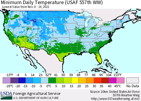 United States Extreme Minimum Temperature (USAF 557th WW) Thematic Map For 11/8/2021 - 11/14/2021