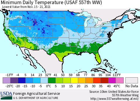 United States Minimum Daily Temperature (USAF 557th WW) Thematic Map For 11/15/2021 - 11/21/2021