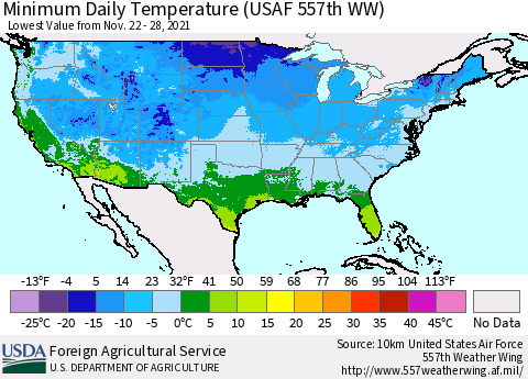 United States Minimum Daily Temperature (USAF 557th WW) Thematic Map For 11/22/2021 - 11/28/2021