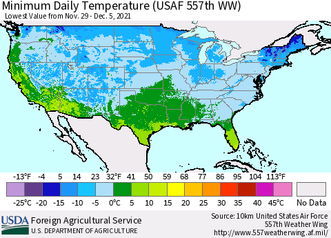 United States Minimum Daily Temperature (USAF 557th WW) Thematic Map For 11/29/2021 - 12/5/2021