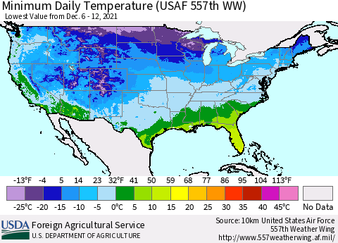 United States Minimum Daily Temperature (USAF 557th WW) Thematic Map For 12/6/2021 - 12/12/2021