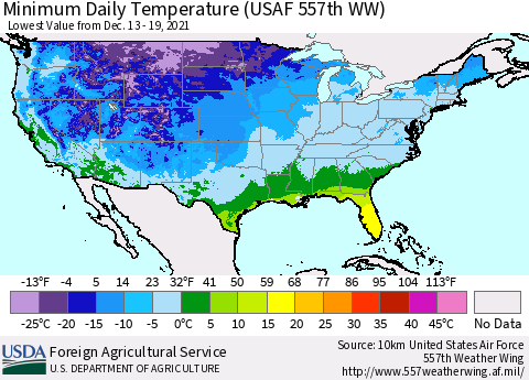 United States Minimum Daily Temperature (USAF 557th WW) Thematic Map For 12/13/2021 - 12/19/2021