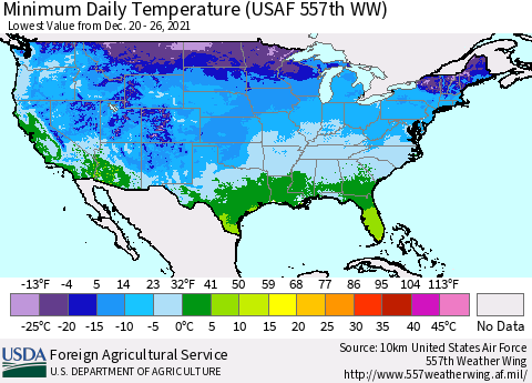 United States Minimum Daily Temperature (USAF 557th WW) Thematic Map For 12/20/2021 - 12/26/2021
