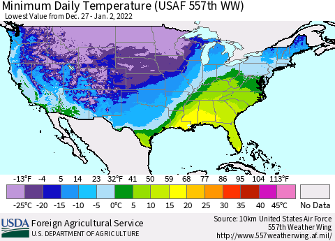 United States Minimum Daily Temperature (USAF 557th WW) Thematic Map For 12/27/2021 - 1/2/2022