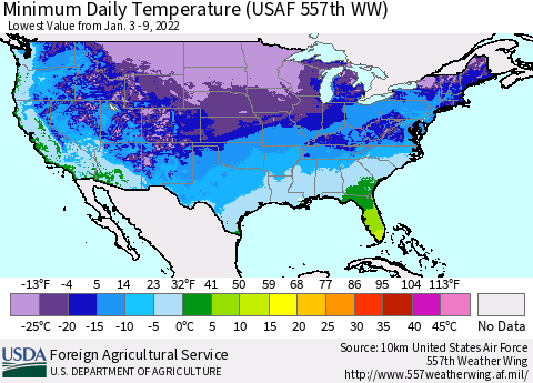 United States Minimum Daily Temperature (USAF 557th WW) Thematic Map For 1/3/2022 - 1/9/2022