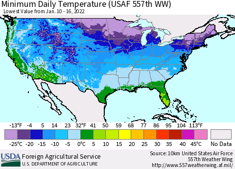 United States Minimum Daily Temperature (USAF 557th WW) Thematic Map For 1/10/2022 - 1/16/2022