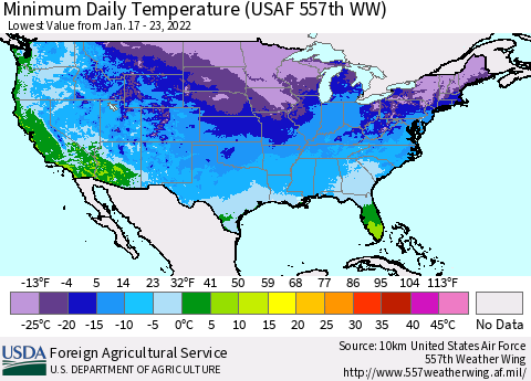 United States Minimum Daily Temperature (USAF 557th WW) Thematic Map For 1/17/2022 - 1/23/2022