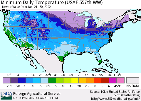 United States Minimum Daily Temperature (USAF 557th WW) Thematic Map For 1/24/2022 - 1/30/2022