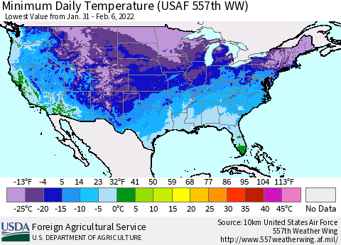 United States Minimum Daily Temperature (USAF 557th WW) Thematic Map For 1/31/2022 - 2/6/2022