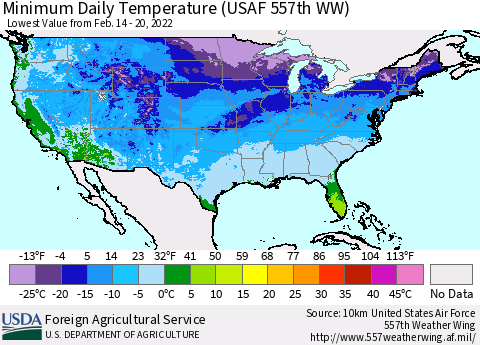 United States Minimum Daily Temperature (USAF 557th WW) Thematic Map For 2/14/2022 - 2/20/2022