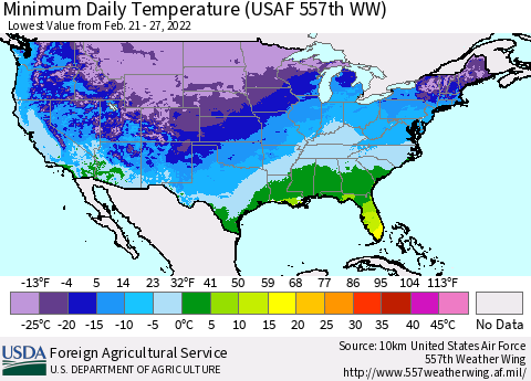 United States Minimum Daily Temperature (USAF 557th WW) Thematic Map For 2/21/2022 - 2/27/2022