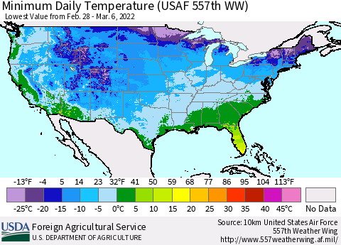 United States Minimum Daily Temperature (USAF 557th WW) Thematic Map For 2/28/2022 - 3/6/2022