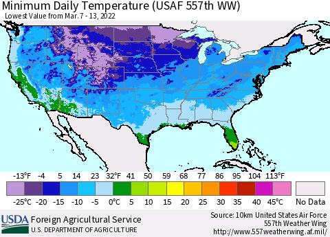 United States Extreme Minimum Temperature (USAF 557th WW) Thematic Map For 3/7/2022 - 3/13/2022