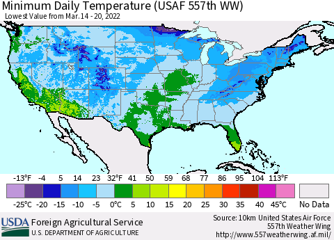 United States Minimum Daily Temperature (USAF 557th WW) Thematic Map For 3/14/2022 - 3/20/2022