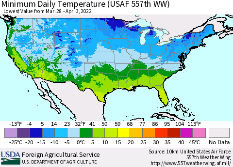 United States Extreme Minimum Temperature (USAF 557th WW) Thematic Map For 3/28/2022 - 4/3/2022