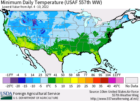 United States Minimum Daily Temperature (USAF 557th WW) Thematic Map For 4/4/2022 - 4/10/2022
