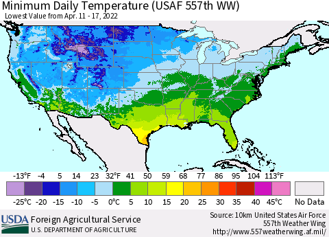United States Minimum Daily Temperature (USAF 557th WW) Thematic Map For 4/11/2022 - 4/17/2022