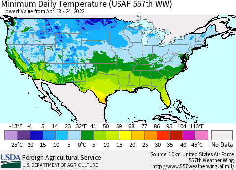United States Minimum Daily Temperature (USAF 557th WW) Thematic Map For 4/18/2022 - 4/24/2022