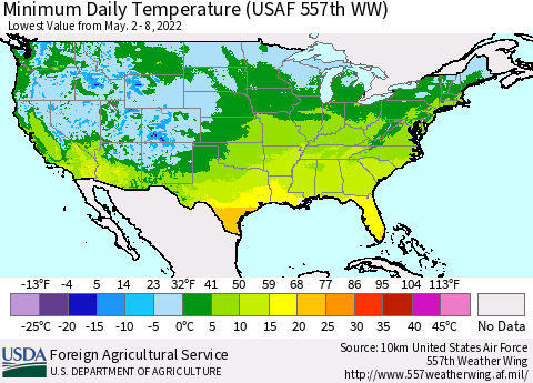 United States Minimum Daily Temperature (USAF 557th WW) Thematic Map For 5/2/2022 - 5/8/2022