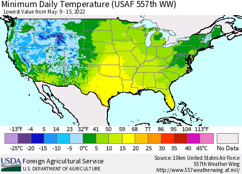United States Extreme Minimum Temperature (USAF 557th WW) Thematic Map For 5/9/2022 - 5/15/2022