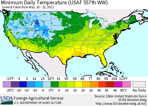 United States Minimum Daily Temperature (USAF 557th WW) Thematic Map For 5/16/2022 - 5/22/2022