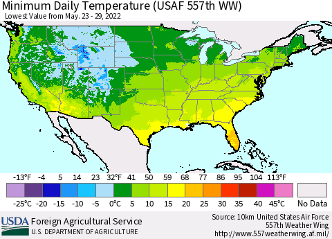 United States Minimum Daily Temperature (USAF 557th WW) Thematic Map For 5/23/2022 - 5/29/2022