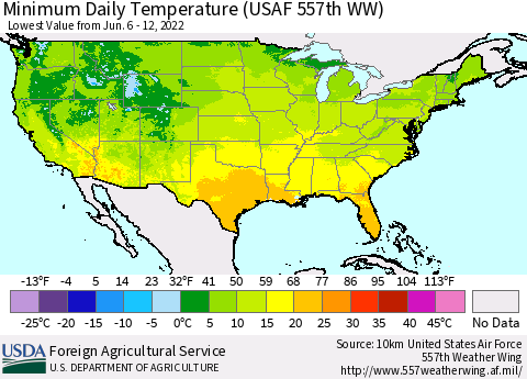 United States Minimum Daily Temperature (USAF 557th WW) Thematic Map For 6/6/2022 - 6/12/2022