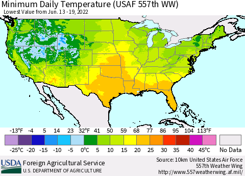 United States Minimum Daily Temperature (USAF 557th WW) Thematic Map For 6/13/2022 - 6/19/2022