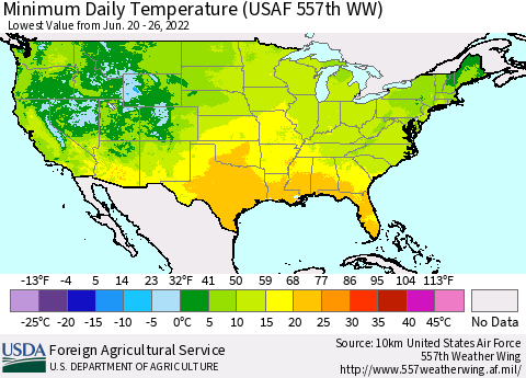 United States Extreme Minimum Temperature (USAF 557th WW) Thematic Map For 6/20/2022 - 6/26/2022