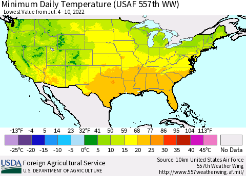 United States Extreme Minimum Temperature (USAF 557th WW) Thematic Map For 7/4/2022 - 7/10/2022