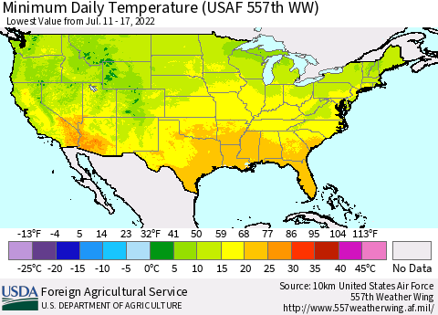 United States Extreme Minimum Temperature (USAF 557th WW) Thematic Map For 7/11/2022 - 7/17/2022