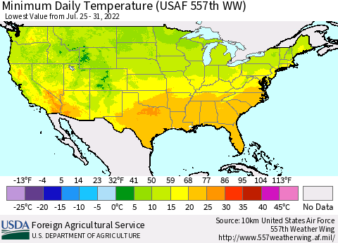 United States Extreme Minimum Temperature (USAF 557th WW) Thematic Map For 7/25/2022 - 7/31/2022