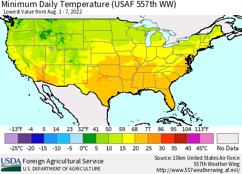 United States Extreme Minimum Temperature (USAF 557th WW) Thematic Map For 8/1/2022 - 8/7/2022