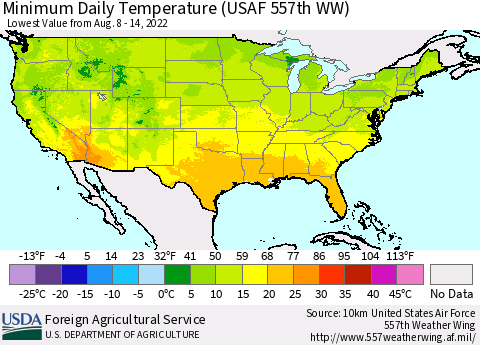 United States Minimum Daily Temperature (USAF 557th WW) Thematic Map For 8/8/2022 - 8/14/2022