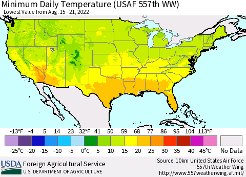 United States Minimum Daily Temperature (USAF 557th WW) Thematic Map For 8/15/2022 - 8/21/2022